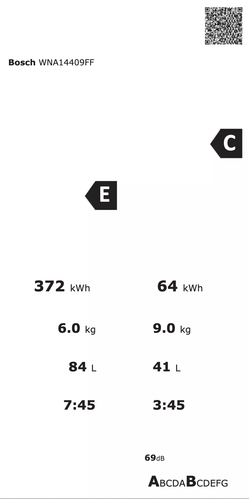 Page 1 de la notice Label énergétique Bosch WNA14409FF