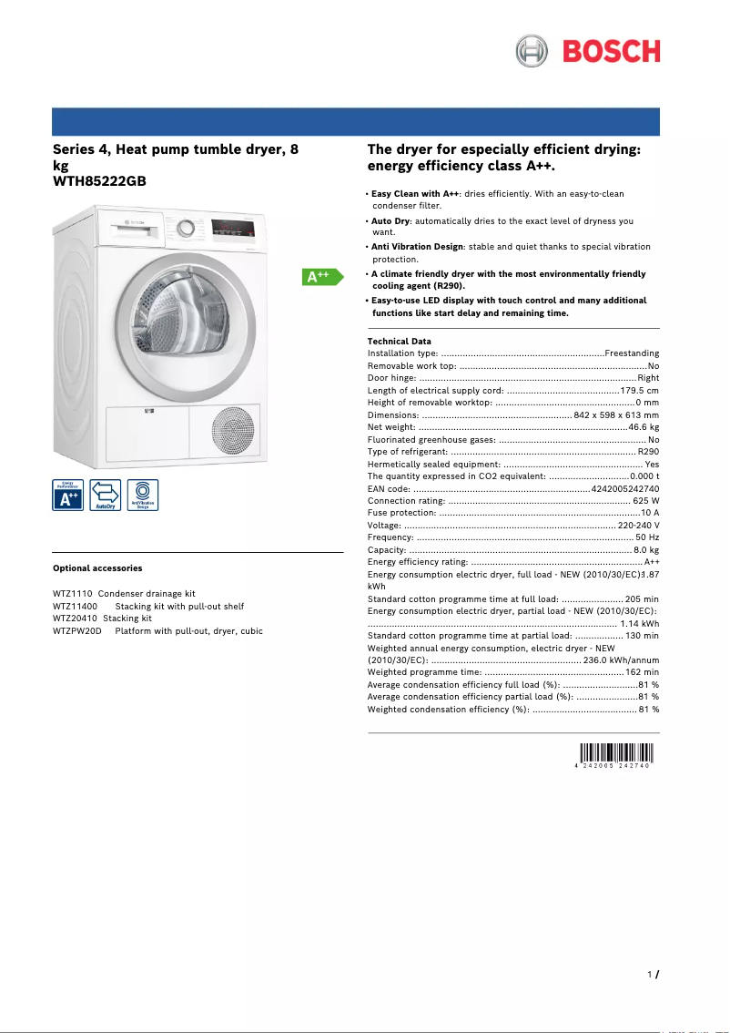 Page 1 de la notice Fiche technique Bosch WTH85222GB