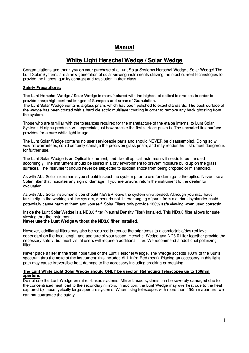 Página 1 del manual Manual de usuario Lunt Solar Systems LS1.25HW