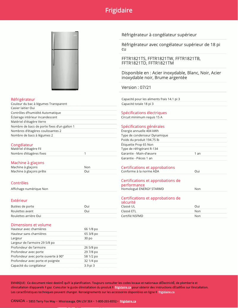 Page 1 de la notice Fiche technique Frigidaire FFTR1821TB
