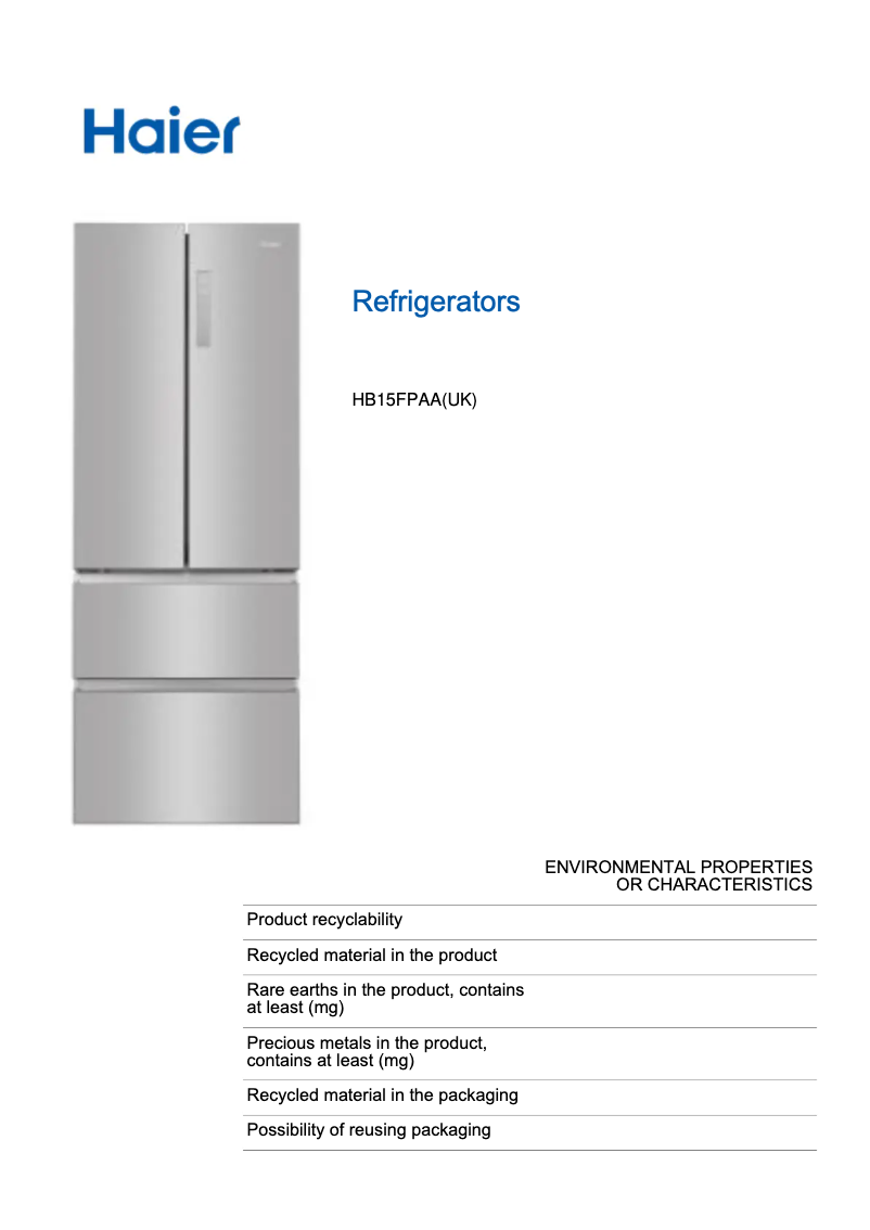 Page 1 de la notice Label énergétique Haier HB15FPAA