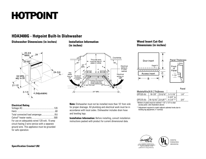 Página 1 del manual Ficha técnica Hotpoint HDA3400GCC