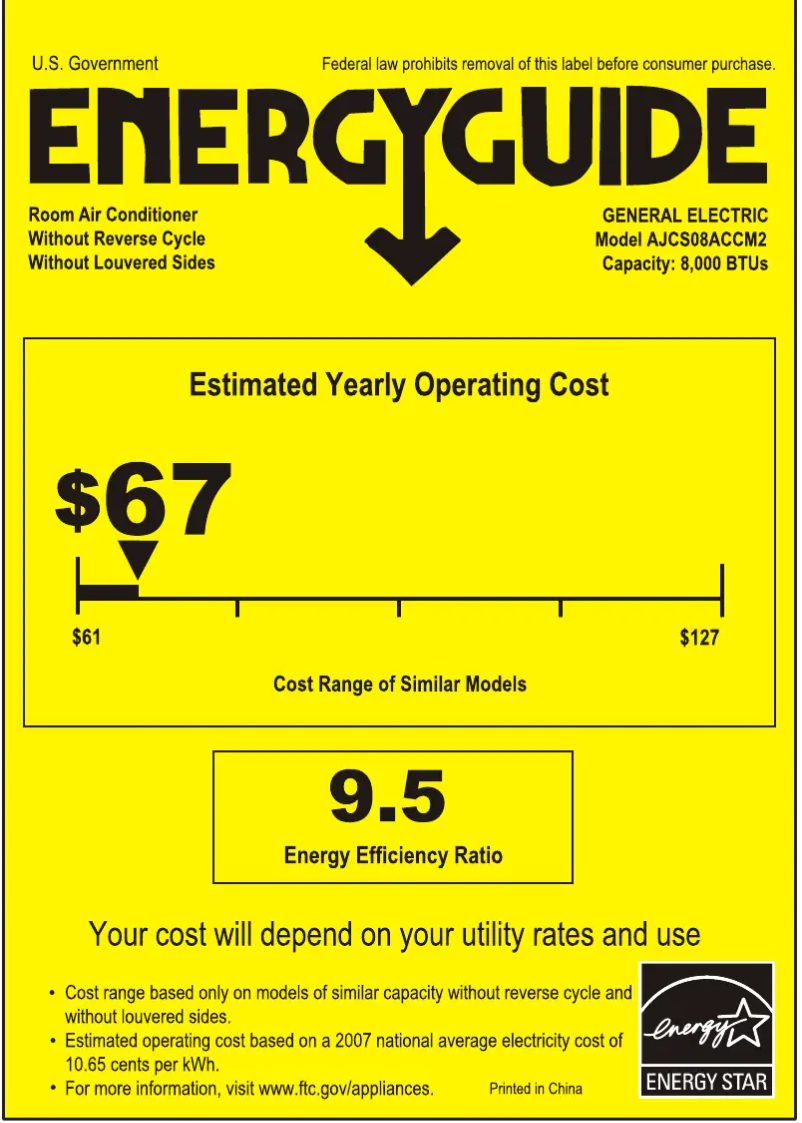 Page 1 de la notice Label énergétique GE AJCS08ACC