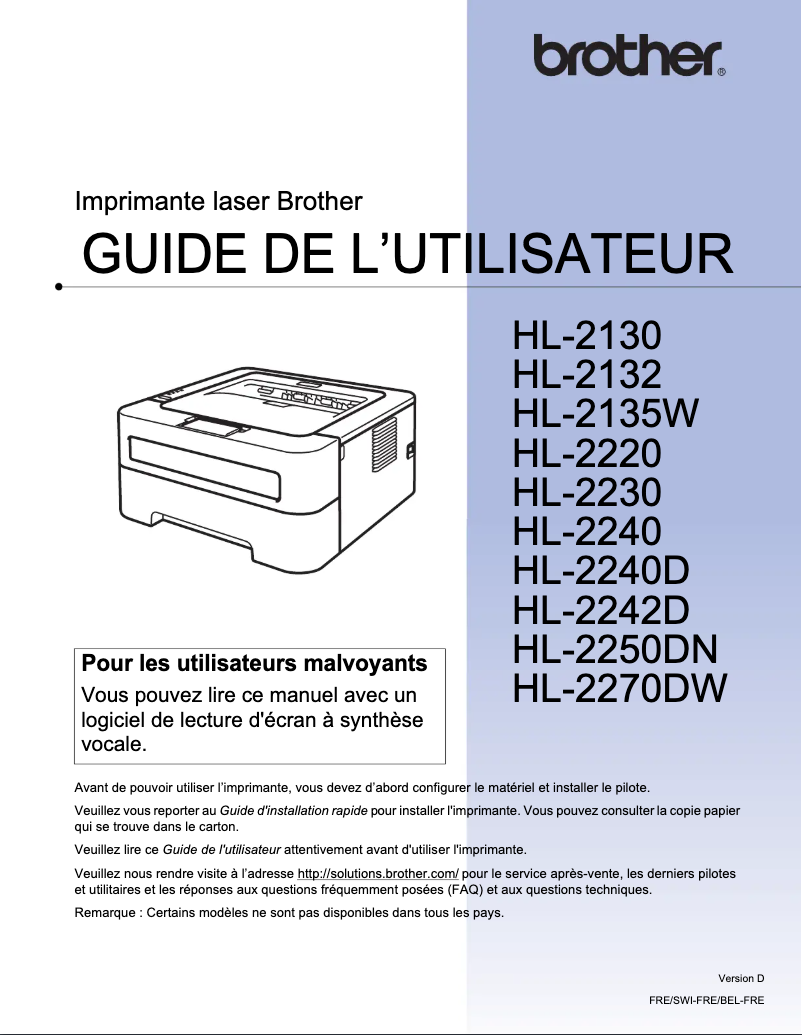 Page 1 de la notice Manuel utilisateur Brother HL-2270DW
