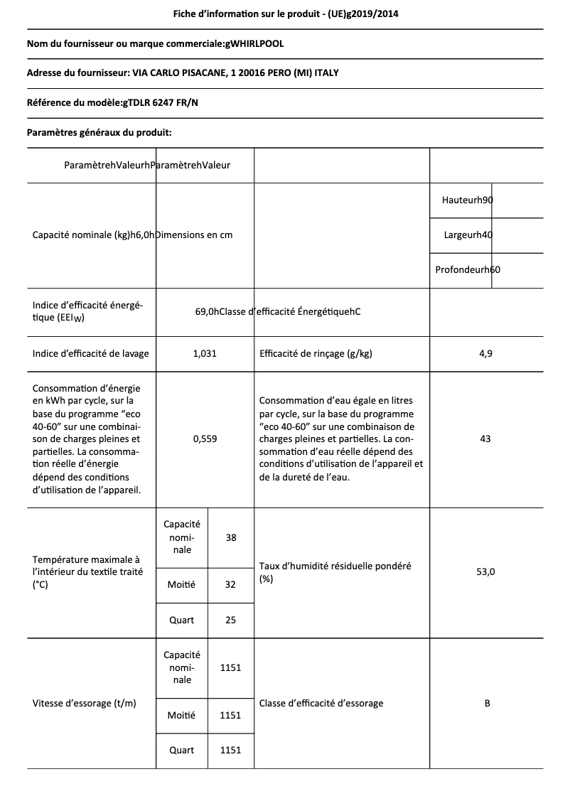 Page 1 de la notice Fiche technique Whirlpool TDLR 6247 FR/N