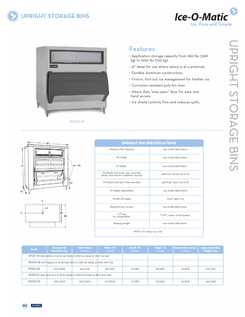 Page 1 de la notice Fiche technique Ice-O-Matic B700-30
