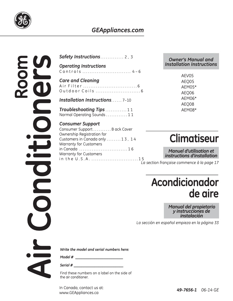 Página 1 del manual Manual de instrucciones GE AEQ06LS