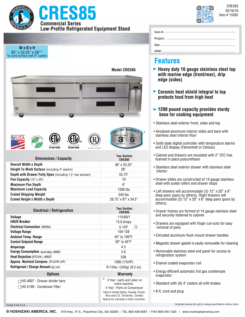 Page 1 de la notice Fiche technique Hoshizaki Commercial CRES85