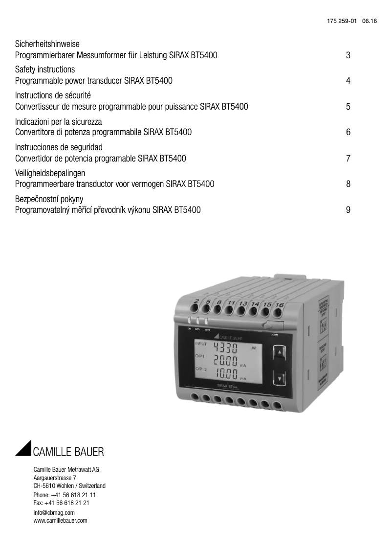 Page 1 de la notice Instructions de sécurité Camille Bauer SIRAX BT5400