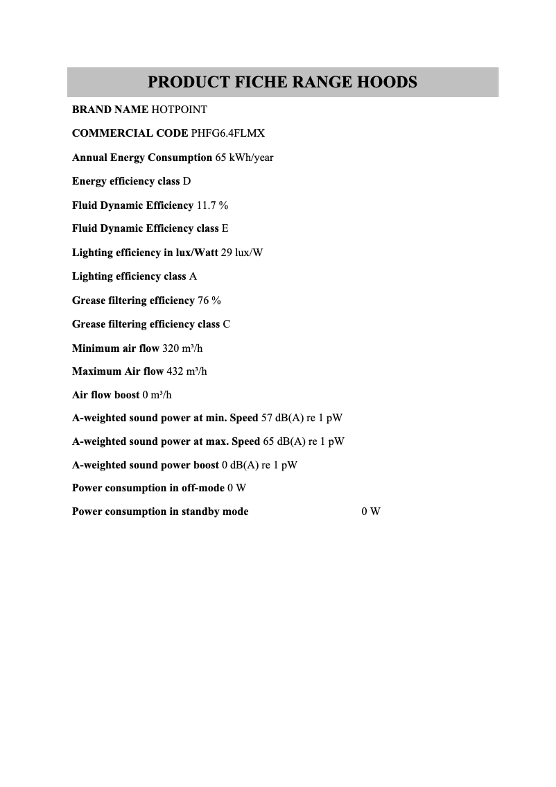 Page 1 de la notice Fiche technique Hotpoint PHFG6.4FLMX