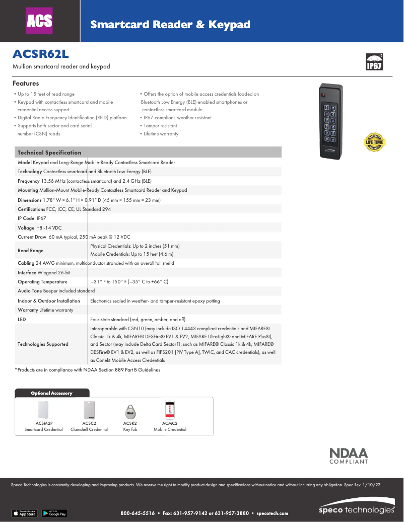 Page 1 de la notice Fiche technique Speco Technologies ACSR62L