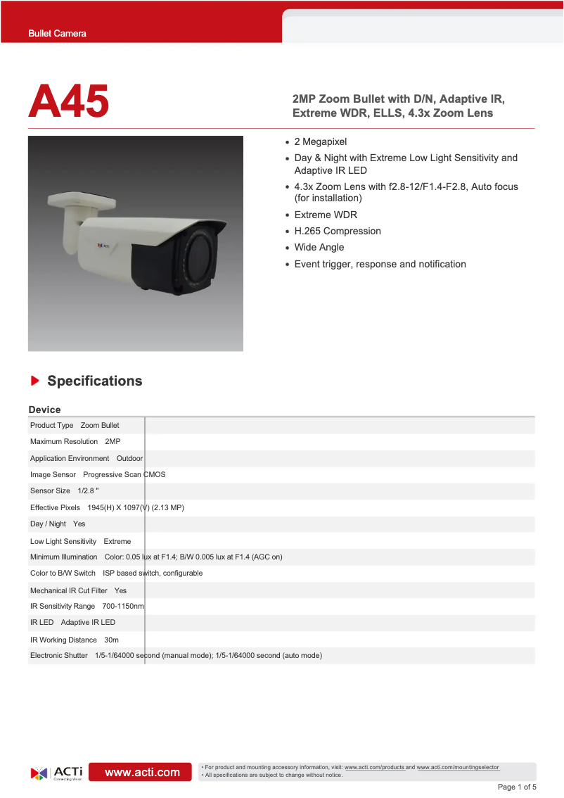 Page 1 de la notice Fiche technique ACTi A45