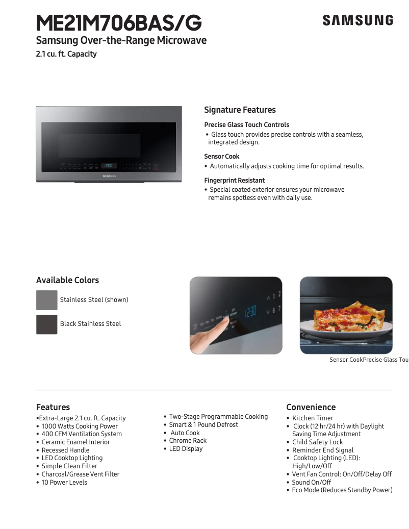 Página 1 del manual Ficha técnica Samsung ME21M706BAG