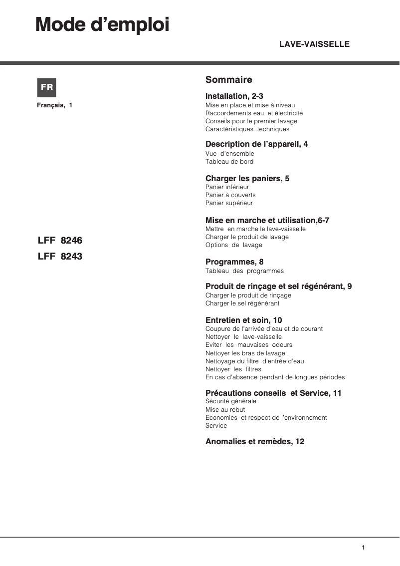 Page 1 de la notice Manuel utilisateur Hotpoint Ariston LFF 8243 FR/HA.R