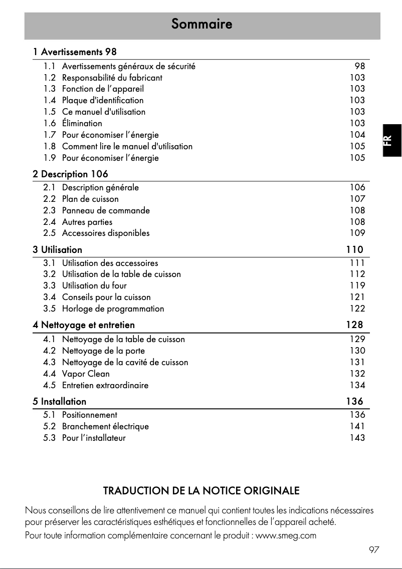 Page 1 de la notice Fiche technique Smeg CG90IANT9