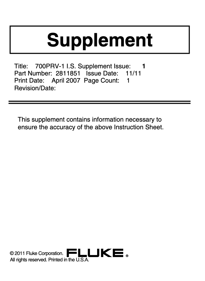 Page 1 de la notice Mode d'emploi Fluke 700PRV-1