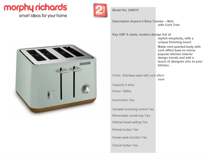 Page 1 de la notice Fiche technique Morphy Richards Aspect 240015