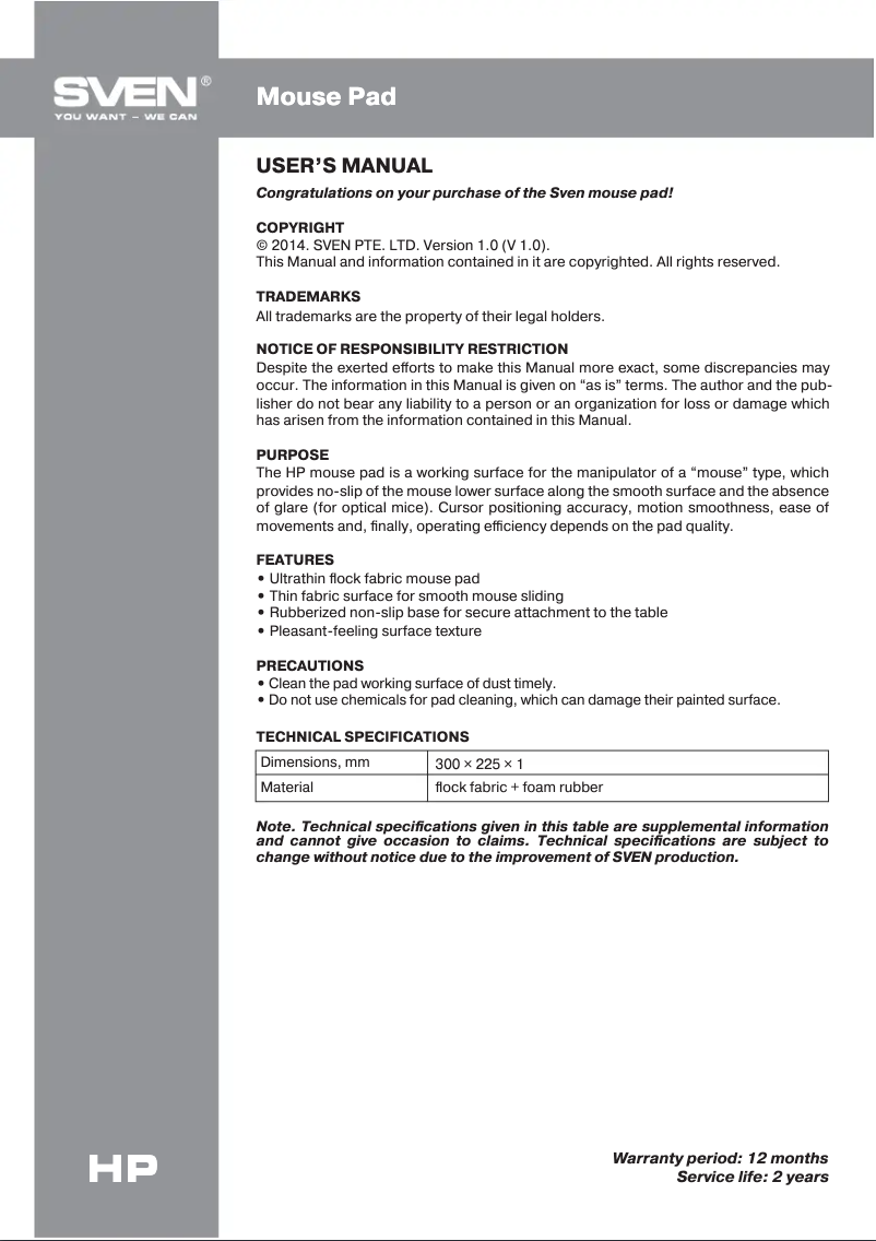 Page 1 of the manual User Manual Sven HP