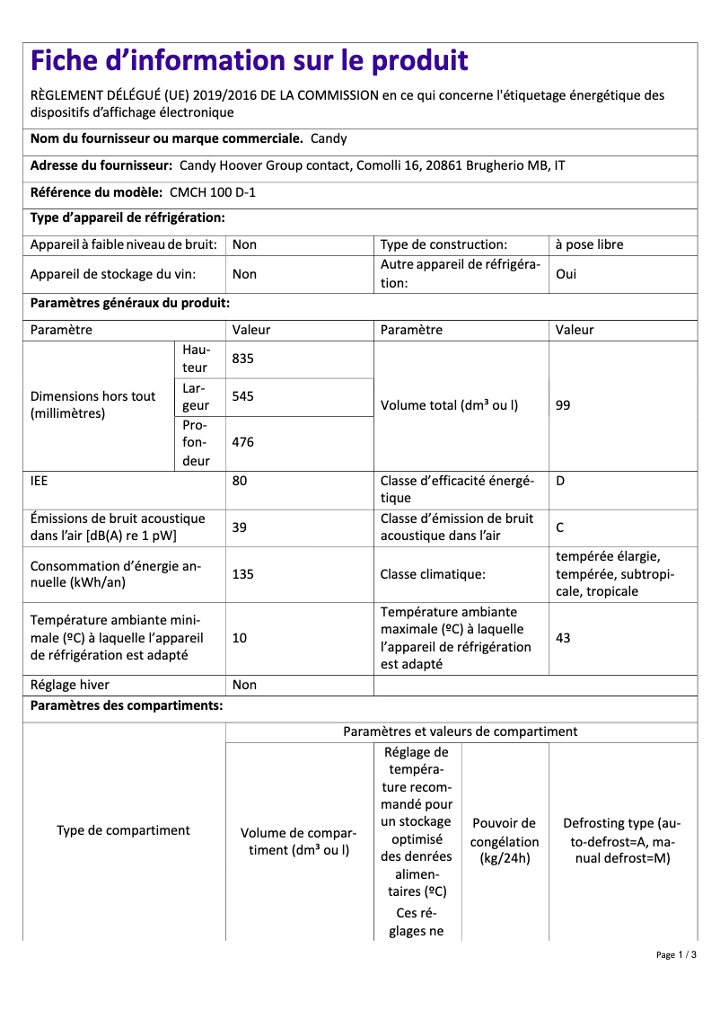 Page 1 de la notice Fiche technique Candy CMCH 100 D-1