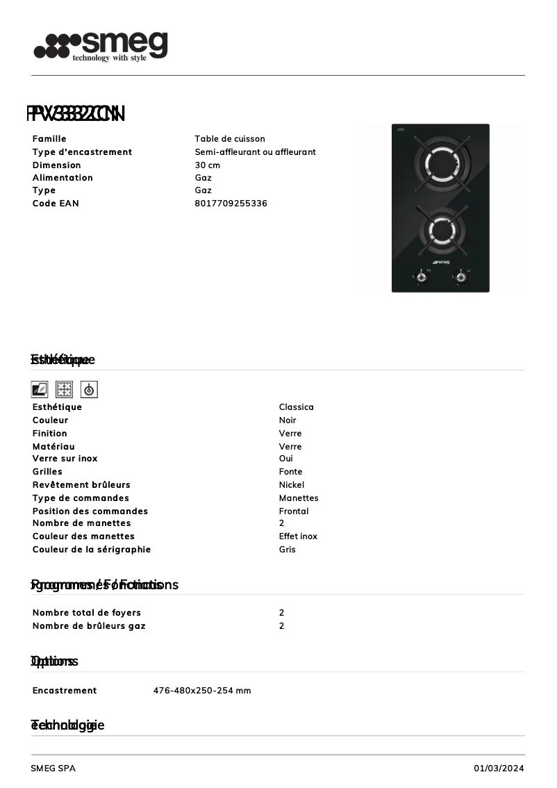 Página 1 del manual Ficha técnica Smeg PV332CN