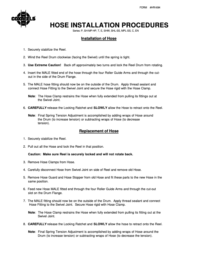 Página 1 del manual Guía de instalación Coxreels C-HP-125-125