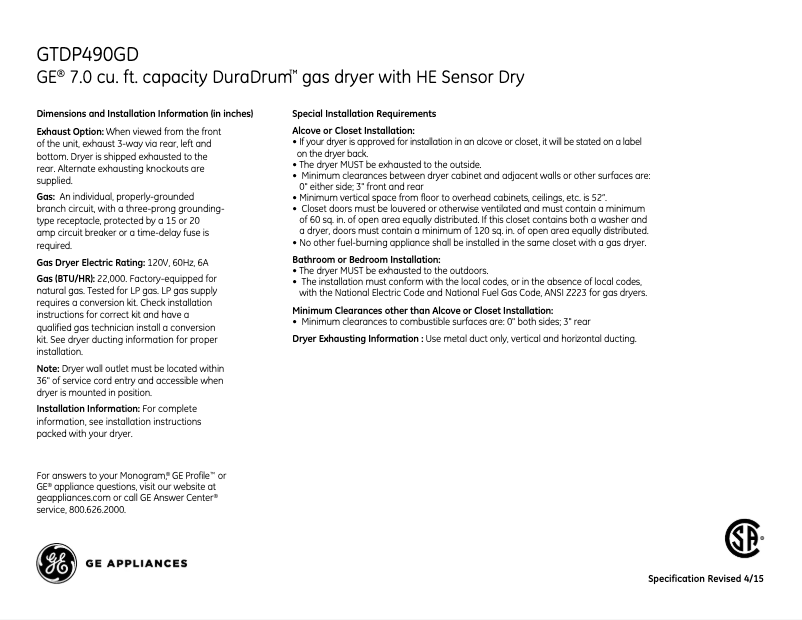 Página 1 del manual Ficha técnica GE GTDP490GDWS