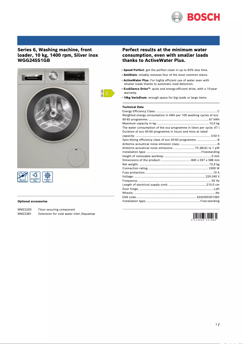 Page 1 of the manual Technical Sheet Bosch Serie 6 WGG245S1GB