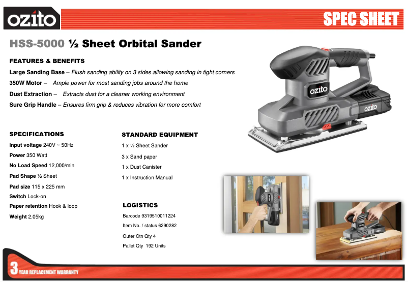 Page 1 of the manual Technical Sheet Ozito HSS-5000