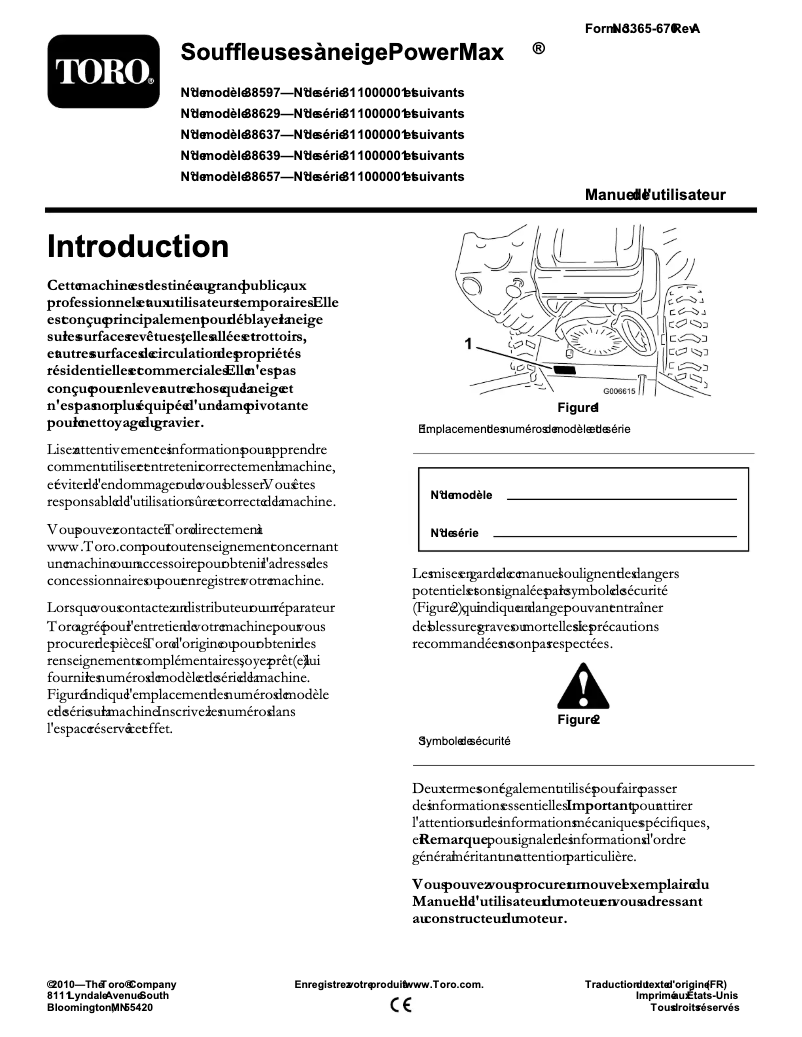 Page 1 de la notice Manuel utilisateur Toro Power Max 826 OE