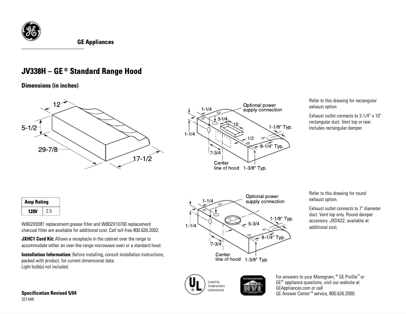 Página 1 del manual Ficha técnica GE JV338HBB