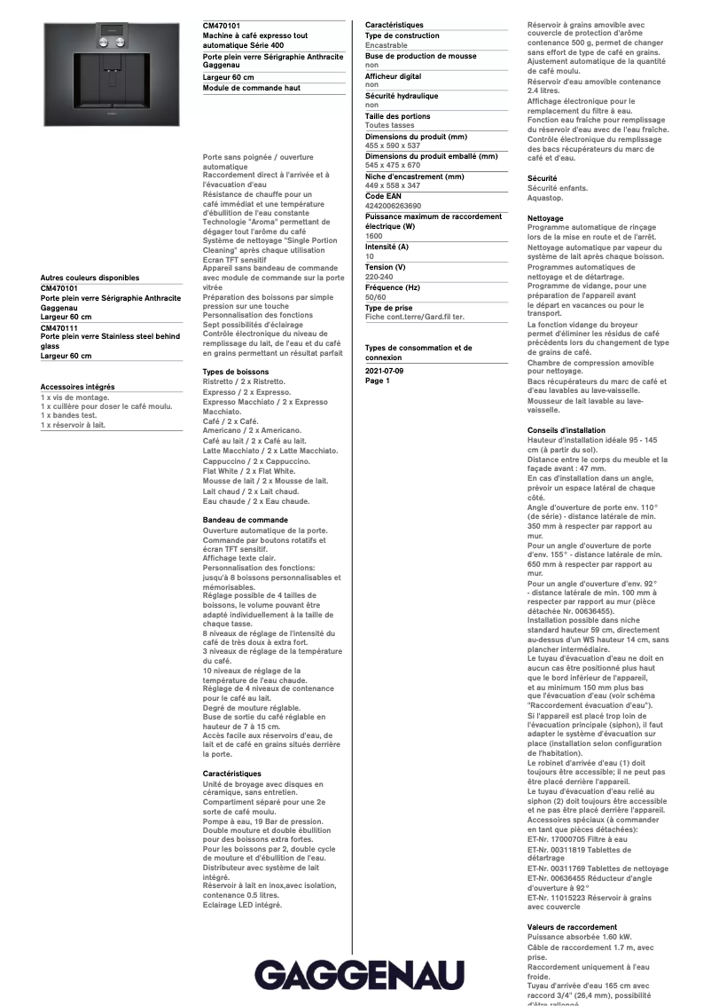Page 1 de la notice Fiche technique Gaggenau CM470101