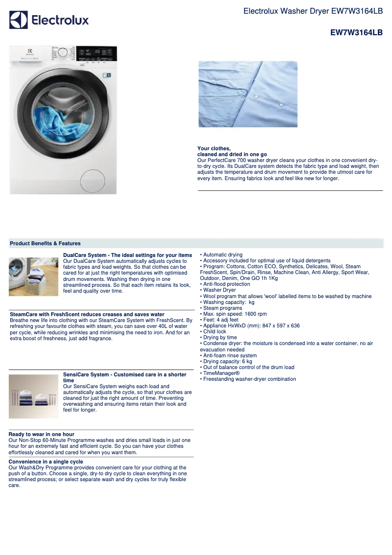 Página 1 del manual Ficha técnica Electrolux EW7W3164LB