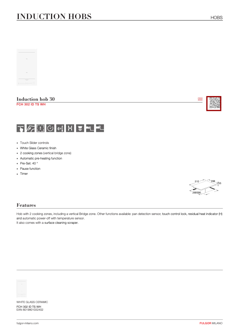 Page 1 de la notice Fiche technique Fulgor Milano FCH 302 ID TS WH