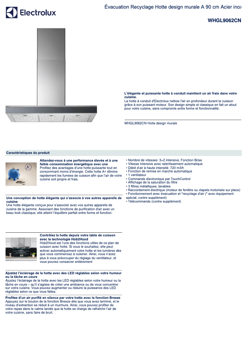 Page 1 de la notice Fiche technique Electrolux WHGL9062CN