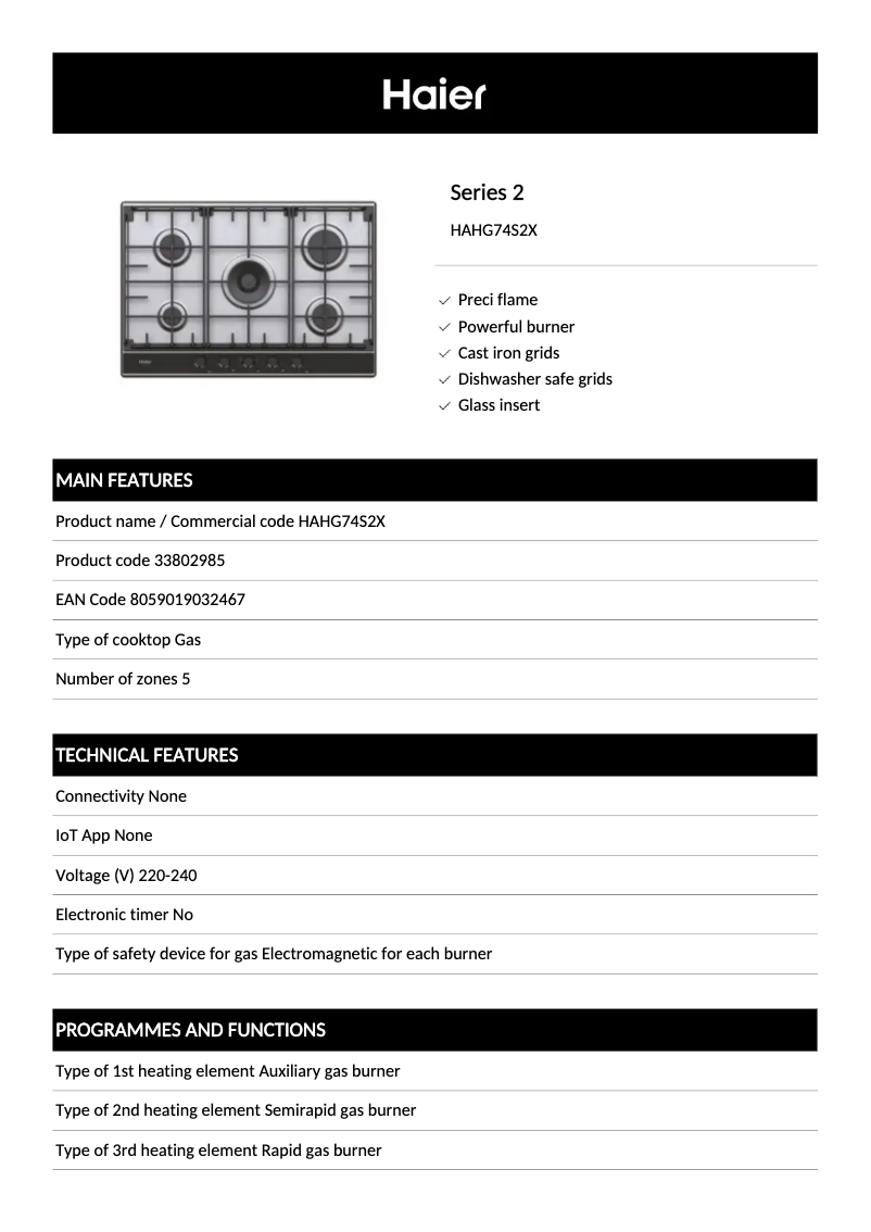 Página 1 del manual Ficha técnica Haier HAHG74S2X