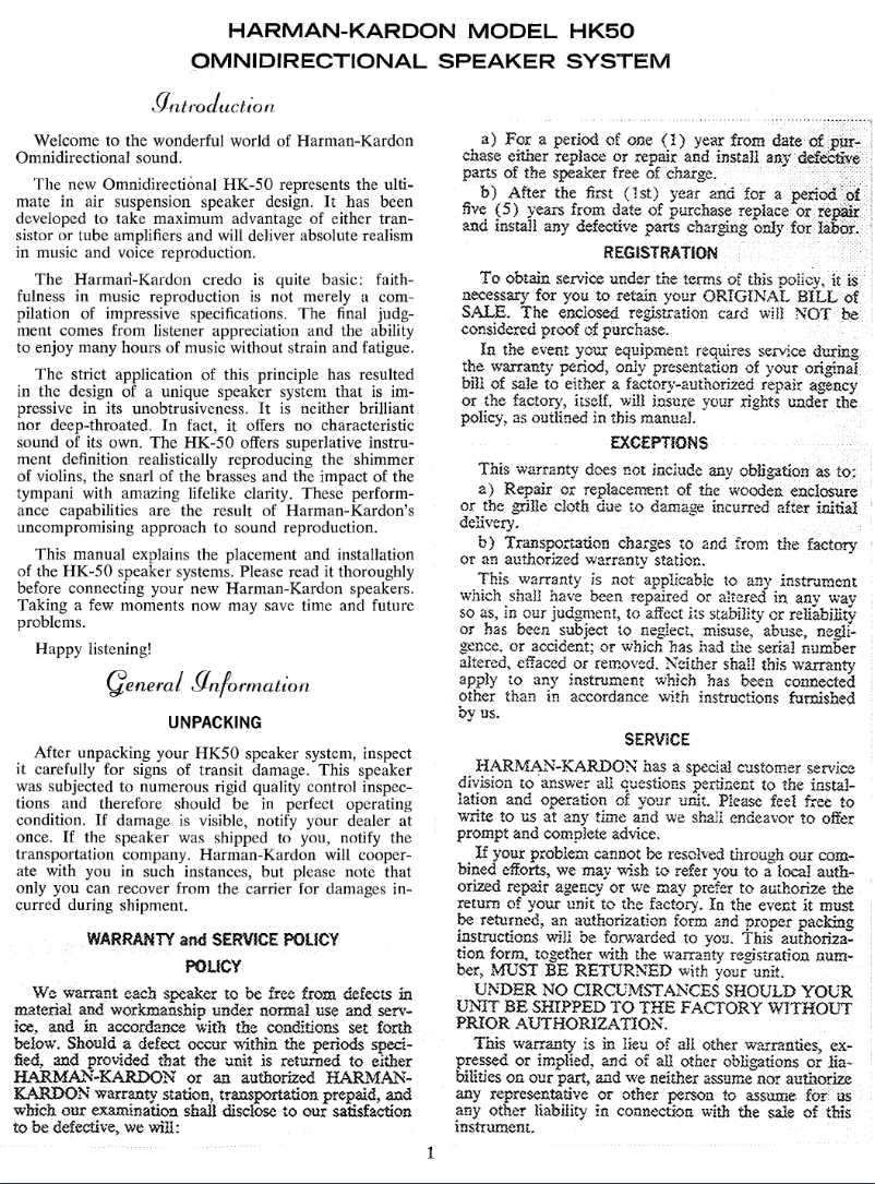 Page 1 de la notice Manuel utilisateur Harman Kardon HK50