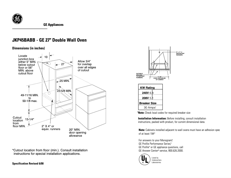 Página 1 del manual Ficha técnica GE JKP45BABB