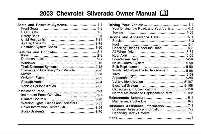Page 1 de la notice Manuel utilisateur Chevrolet Astro (2003)