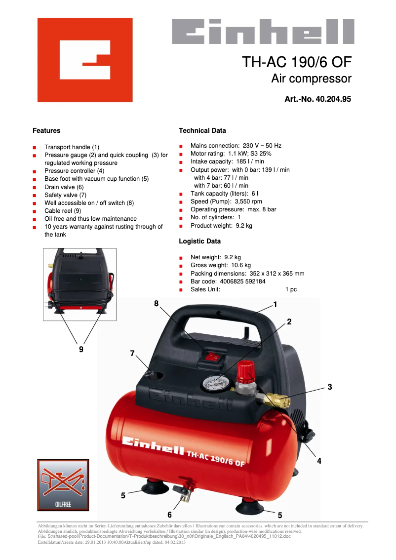 Page 1 of the manual Technical Sheet Einhell TH-AC 190/6 OF
