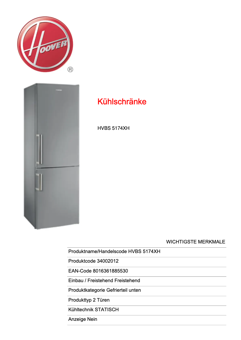 Página 1 del manual Ficha técnica Hoover Vision HVBS 5174XH