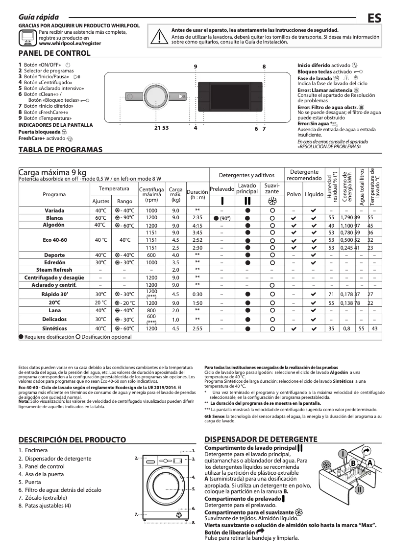 Page 1 de la notice Manuel d'utilisation et d'entretien Whirlpool FFB 9269 WV SP
