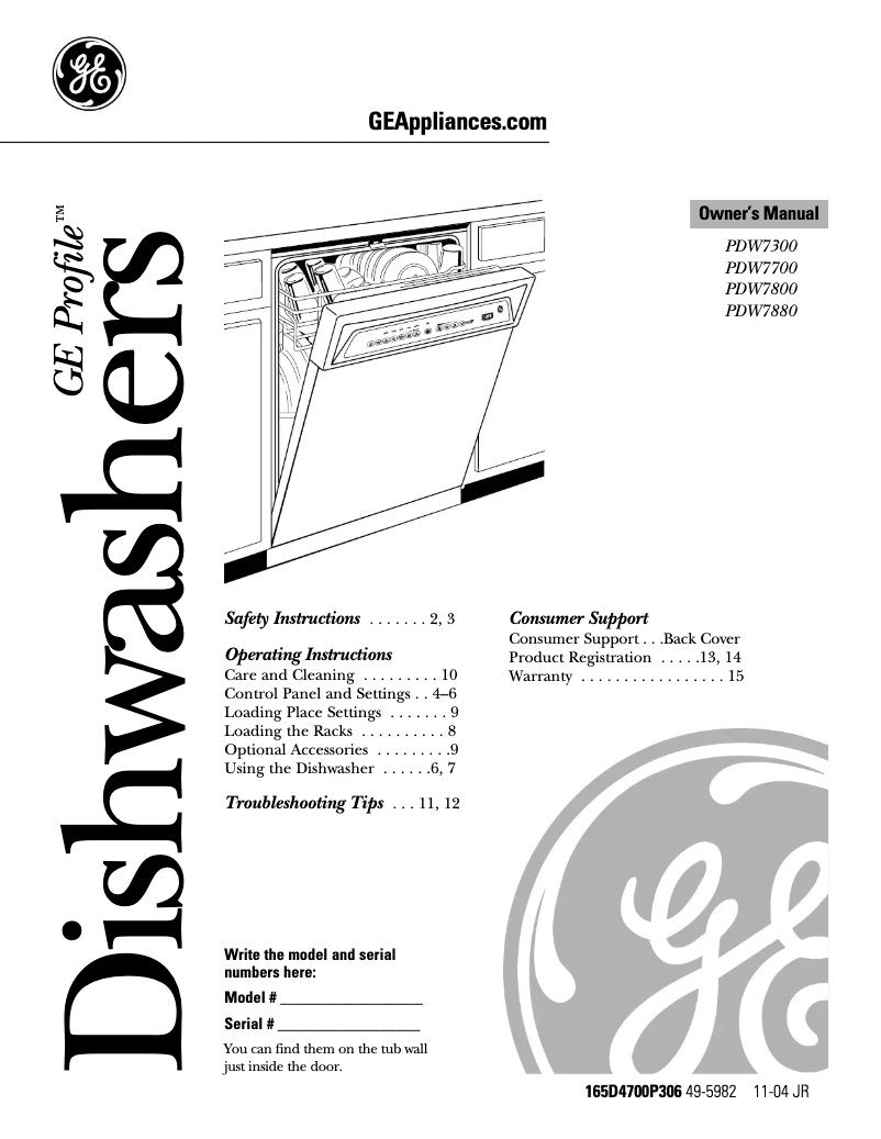 Page 1 of the manual Instruction Manual GE PDW7300JBB