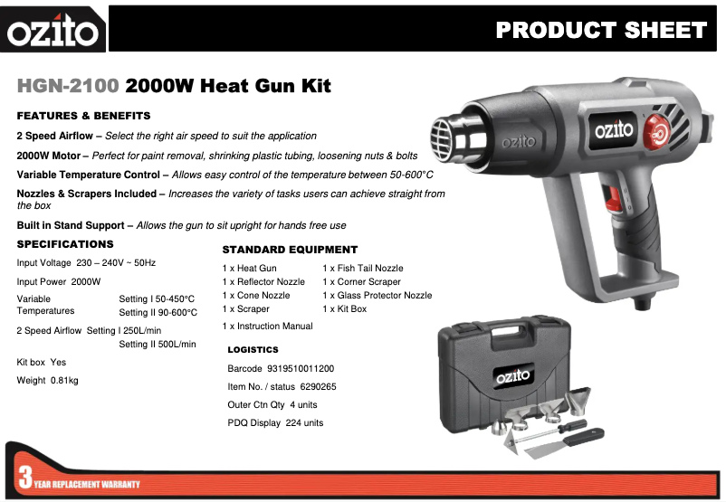 Page 1 de la notice Fiche technique Ozito HGN-2100