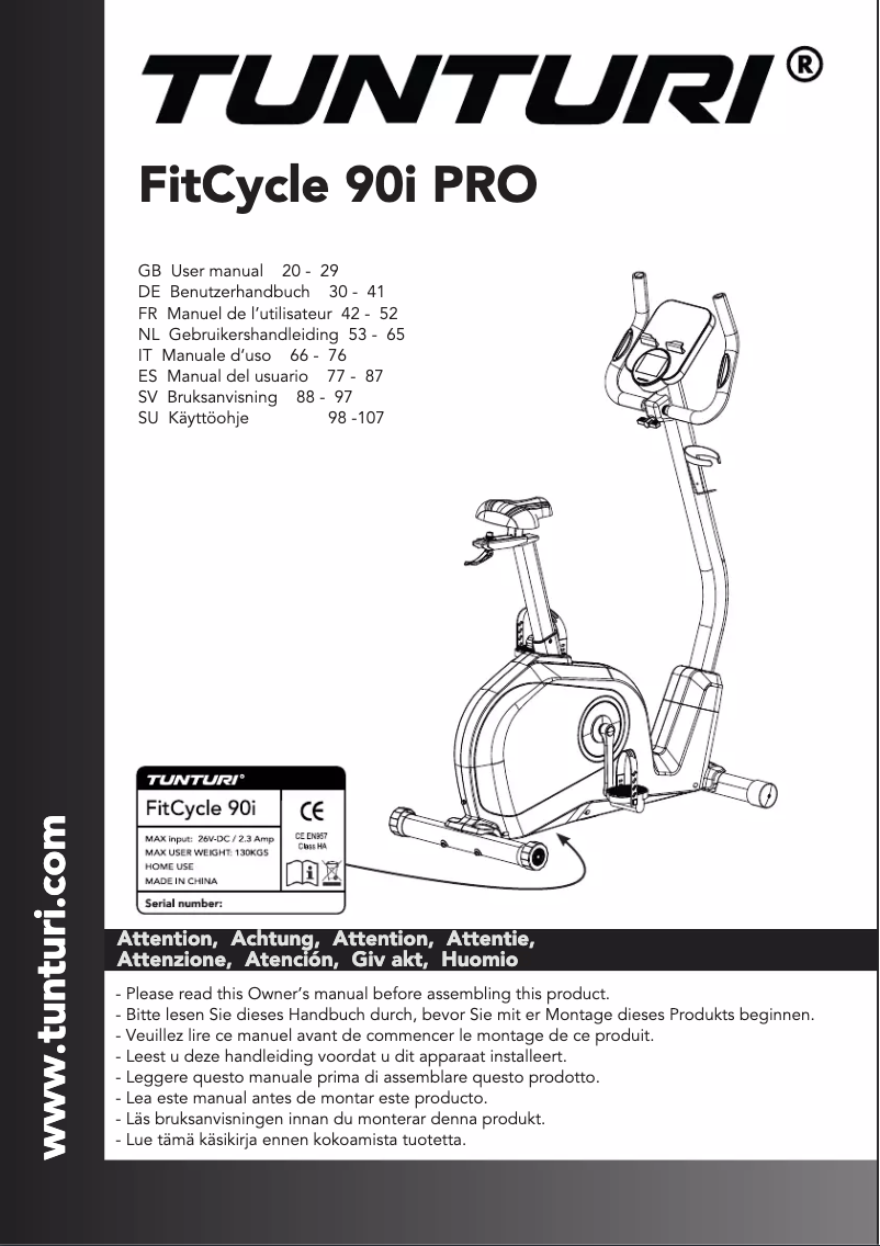 Page 1 de la notice Manuel utilisateur Tunturi FitCycle 90i Pro