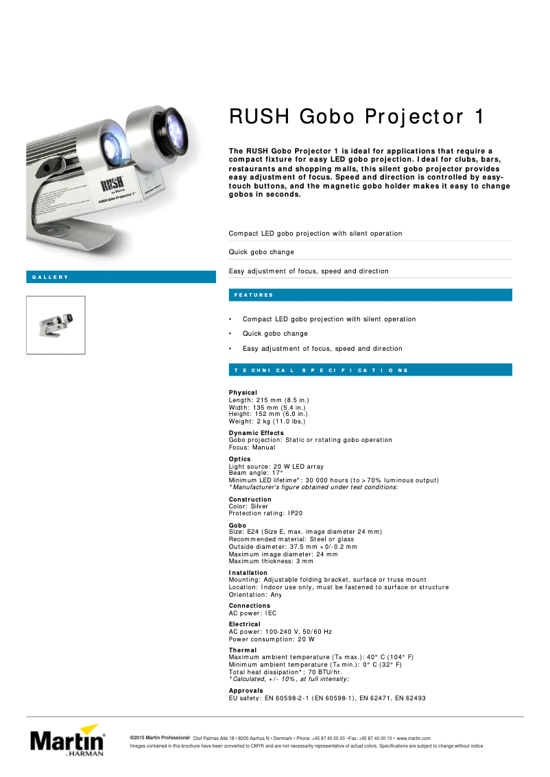 Page 1 de la notice Fiche technique Martin RUSH Gobo Projector 1