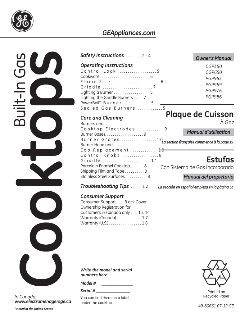 Página 1 del manual Manual de instrucciones GE Café CGP350SETSS