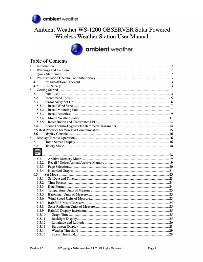 Page 1 de la notice Manuel utilisateur Ambient Weather WS-1200