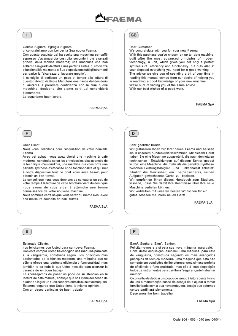 Page 1 de la notice Manuel utilisateur Faema Due A