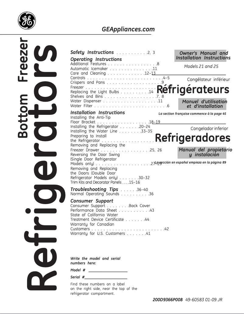 Page n°1 - Manuel d'utilisation et d'entretien GE Profile PFCS1PJYSS
