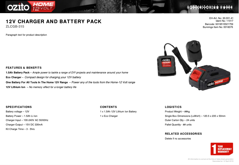 Página 1 del manual Ficha técnica Ozito ZLCGB-315
